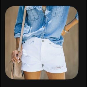 VICI Tori High Rise Distressed Cuffed White Denim Shorts